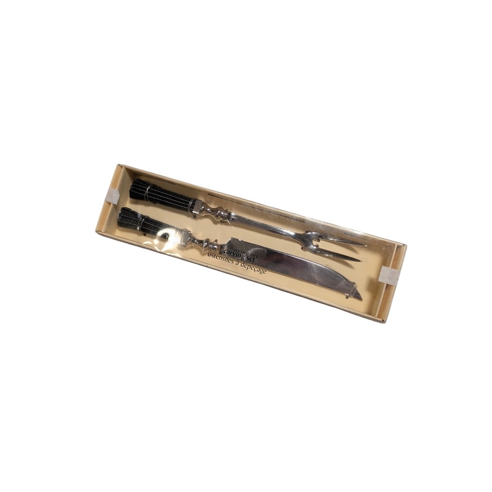 Pier 1 Imports Carving Set Stainless Steel Knife and Fork Black Textured Handles